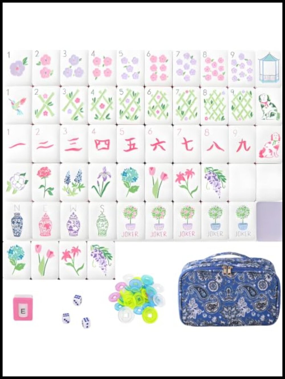 Mahjong Tiles Set 4-Layer Acrylic 160 Pcs with Chips Dice & Carrying Bag
